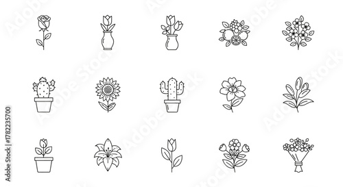A minimalist vector illustration featuring a collection of simple outline signs for flowers, including a rose, tulips in a vase, a fruit bouquet, spring blossoms, and a cactus, perfect for flower