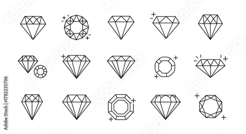 Collection of linear diamond icons, representing crystal gems, luxury gemstones, and jewels in a minimalist geometric outline style. These brilliant gems and faceted precious stones are depicted with