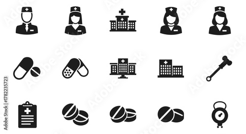 A comprehensive collection of medical icons, featuring a doctor, nurse, hospital buildings, clinic, various pills and capsules, a medical chart, and a reflex hammer, representing healthcare