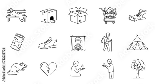 A collection of line icons representing homelessness and poverty, including symbols like a person sleeping on a bench, a damaged cardboard box, a shopping cart filled with items, a worn-out shoe, a