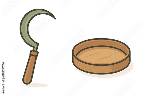 Traditional farming tools set featuring a sharp sickle and a round wooden sieve tray