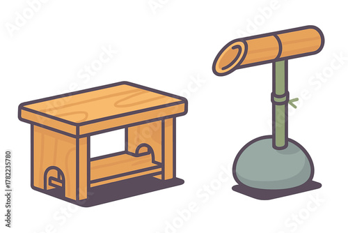 Minimalist Japanese wooden bench and bamboo water fountain element in a serene garden setting