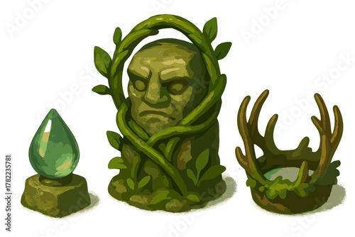 Ancient stone idol head wrapped in green vines beside a glowing magic crystal and antler crown