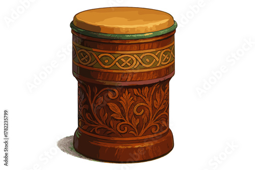 Ornate carved wooden hand drum featuring intricate Celtic knot and foliage patterns