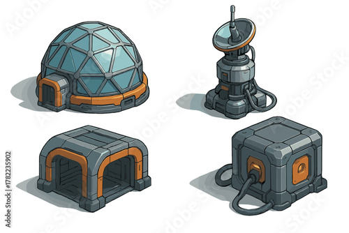 Isometric sci-fi base components including geodesic dome habitat and communication tower