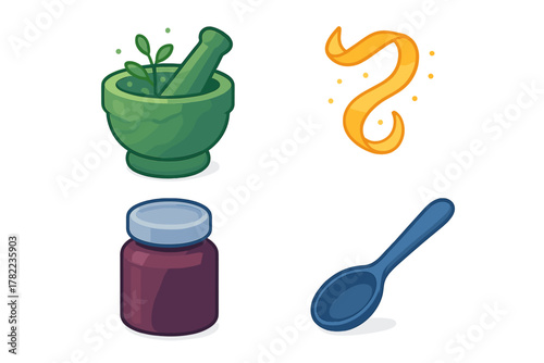 Herbal medicine ingredients and tools set including mortar pestle jar and spoon