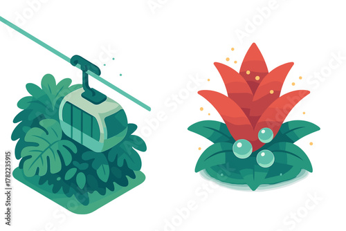 Stylized tropical travel design showing a cable car gondola above jungle foliage and an exotic red flower