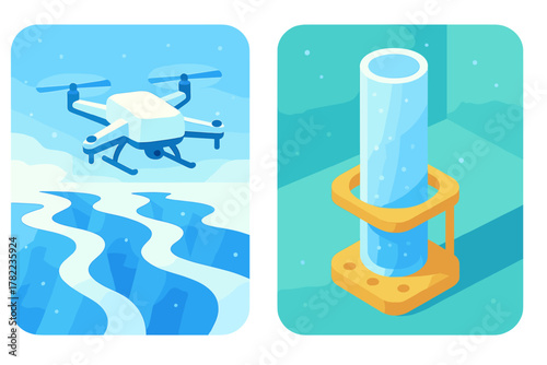 Modern drone flying over cold arctic landscape and scientific research apparatus