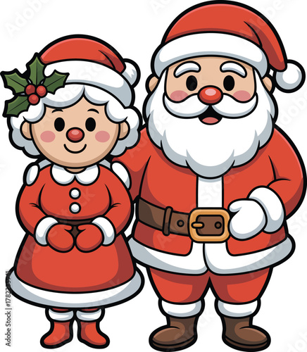 Cartoon Santa and Mrs Claus are smiling with red suits on a white background