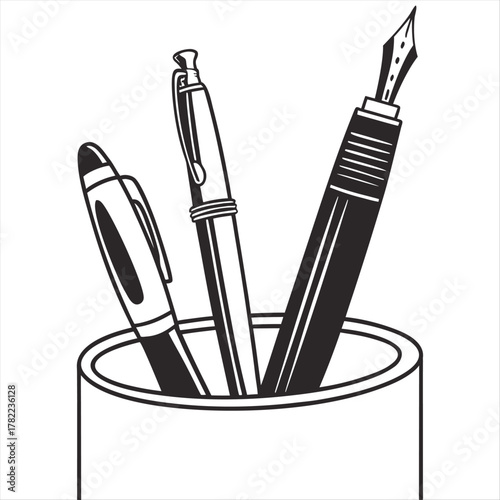 Black silhouette of pens and pencils in a cylindrical holder on a white background art