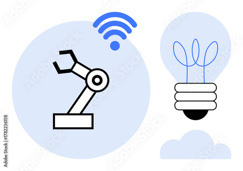 Robotic arm paired with a glowing bulb, wireless signal, and cloud motif. Ideal for automation, AI, IoT, innovation, engineering technology creativity concepts. Simple flat metaphor