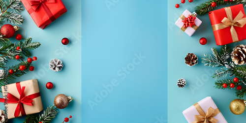 Christmas gift flat lay, Holiday present background, Festive frame with blue space