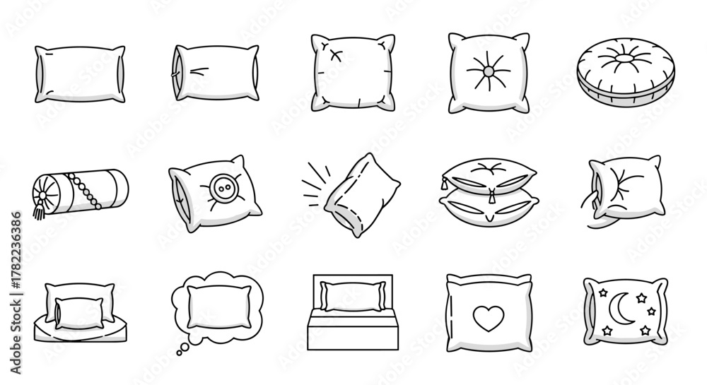 Naklejka premium Collection of line art icons representing various pillows and cushions, including bolster, square, round, and decorative styles, perfect for sleep, comfort, and bedroom themes. Editable stroke for