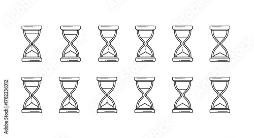 Collection of simple linear outline hourglass icons with editable stroke, suitable for web sites, books, cards, and apps, presented as a vector cartoon illustration on a white background, symbolizing