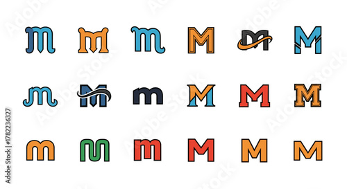 Collection of 18 unique Letter M monograms and logos in various styles and colors, including lowercase and uppercase variations, perfect for branding and graphic design projects. This vector