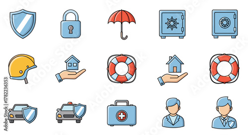 Collection of insurance and protection-related vector cartoon illustrations, featuring shields, locks, umbrellas, safes, helmets, hands holding houses, lifebuoys, cars with shields, first aid kits