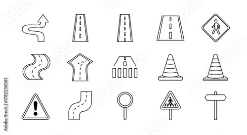 Collection of outline road and traffic icons, including winding paths, straight highways, traffic cones, pedestrian crossings, warning signs, and directional signs, perfect for graphic design, web