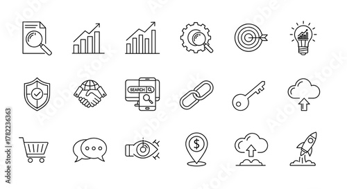 Outline web icons set for Search Engine Optimization, Thin line web icon collection, Simple vector illustration, Ordered line icon set on white background, representing business growth, security