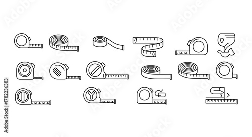 Collection of thin line icons representing various types of measuring tapes, perfect for web, books, cards, and apps. This editable stroke vector cartoon illustration on a white background showcases