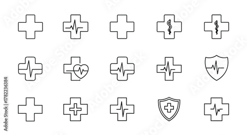 Collection of thin line icons representing medical crosses and hospital symbols, featuring electrocardiogram (ECG) lines, a heart with ECG, and a shield with a cross, suitable for web, apps, books