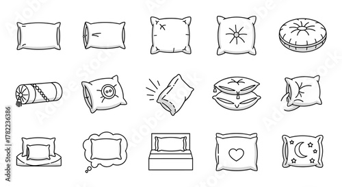 Collection of line art icons representing various pillows and cushions, including bolster, square, round, and decorative styles, perfect for sleep, comfort, and bedroom themes. Editable stroke for