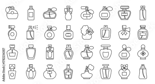 Collection of elegant perfume bottle outline icons, perfect for graphic design, web, apps, and advertising. This vector set features diverse bottle shapes and spray mechanisms, ideal for beauty and