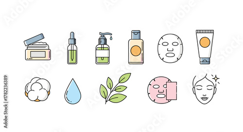 Set of clean, modern flat icons representing skincare products and treatments, including creams, serums, lotions, sheet masks, cotton pads, and a glowing face, perfect for beauty apps, websites, and