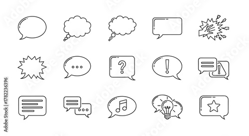 Collection of outline speech bubble icons representing communication, dialogue, and ideas, including thought bubbles, question marks, exclamation points, music notes, lightbulbs, stars, and warning