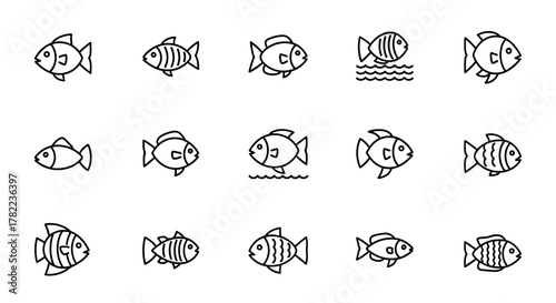 Collection of simple black line art fish icons, perfect for website and mobile app design projects, showcasing a variety of aquatic life and underwater scenes on a clean white background, ideal for