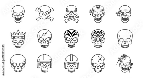 A diverse collection of 15 unique skull-related line icons, featuring a variety of styles including pirate skulls, skulls with crowns, tribal designs, helmets, and floral motifs, perfect for graphic