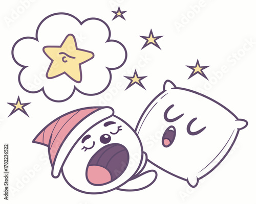 Cute character sleeping with pillow, dreaming stars