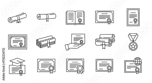 Collection of diploma and certificate icons, rendered with thin line art, perfect for apps, websites, banners, infographics, and various design projects. Includes rolled scrolls, framed documents