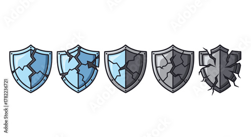 Set of five cracked shield icons in varying stages of damage, from slightly fractured to completely shattered, presented in blue and gray tones on a clean white background, ideal for security
