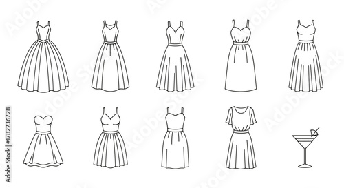 Collection of elegant dresses drawn with thin line art, perfect for apps, websites, banners, and infographics, showcasing various styles from ballgowns to cocktail dresses, presented as a clean