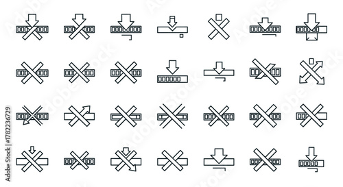 Collection of outline symbols representing download progress and restrictions, featuring arrows pointing down towards progress bars and crossed-out elements, all rendered with thin lines suitable for