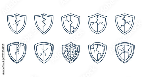 Collection of ten cracked shield line icons, representing broken security, vulnerability, and damage, suitable for websites, apps, and infographics, presented as a vector cartoon illustration on a