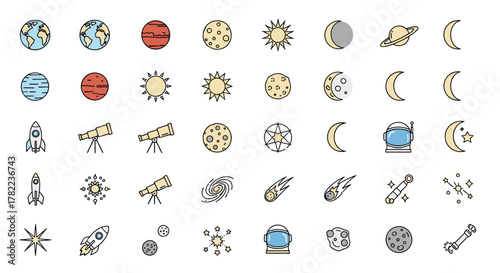Vivid collection of cosmos line icons, featuring planets, sun, moon, and stars, perfect for graphic and web design, apps, adverts, and various cards. This vector cartoon illustration set includes