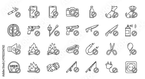 Forbidden Items Outline Icon Collection: A comprehensive set of editable stroke vector cartoon illustrations depicting prohibited items and activities, perfect for graphics, designs, books, adverts