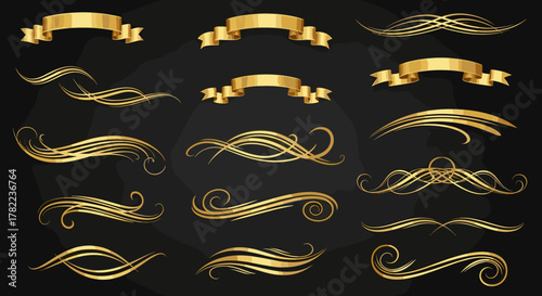 Collection of elegant golden wavy ribbons and swoosh lines, featuring curved shapes and award swirl elements perfect for banners, frames, luxury fluid borders, and headers, presented on a black