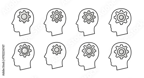 Set of eight simple line art pictograms depicting a human head profile with a gear inside, symbolizing thought process, ideas, and mechanical thinking, presented on a clean white background for