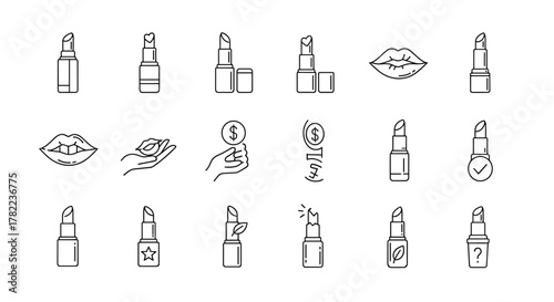 A collection of minimalistic linear outline icons representing lipstick and lips, perfect for web and graphic design, apps, banners, social networks, and cards, featuring various styles including a