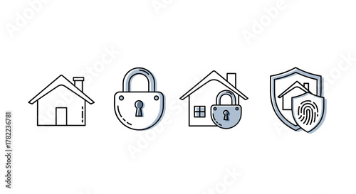 Set of minimalistic line icons representing home security and protection, featuring a house, a padlock, a house secured by a padlock, and a shield with a fingerprint and house symbol, ideal for web