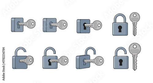 Set of eight vector cartoon illustrations of keys and locks on a white background, depicting various states of locking and unlocking, ideal for graphic design concepts, app icons, and digital