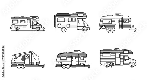 Collection of six distinct line art icons representing various recreational vehicles, including motorhomes, campervans, caravans, and pop-up trailers, all presented on a clean white background for