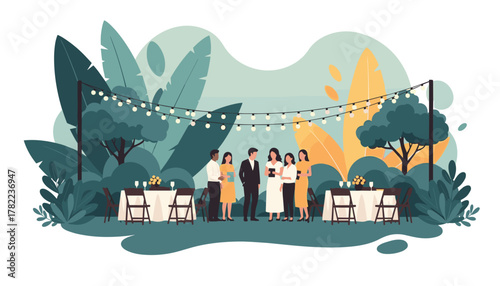 Elegant outdoor celebration with friends gathered under string lights amidst lush greenery and festive tables