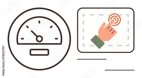 Speedometer showing measurement and hand tapping keypad illustrating interaction. Ideal for performance, measurement, productivity, usability, navigation, efficiency, and technology. Simple flat