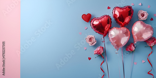 Heart balloons and roses, Romantic Valentine's Day setup, Love celebration background
