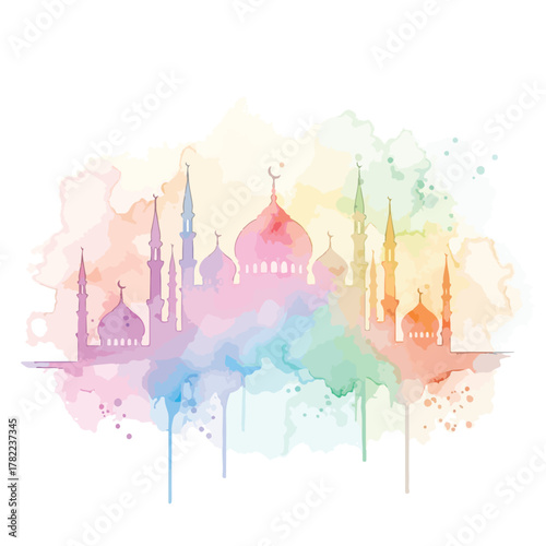 Watercolor Vector Illustration of Mosque Silhouette with Colorful Pastel Palette in Artistic Modern Style