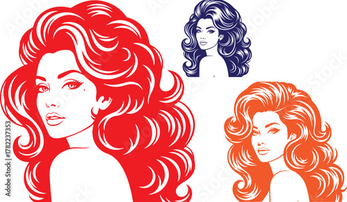 Three stylized portraits of a woman with voluminous hair in vibrant colors