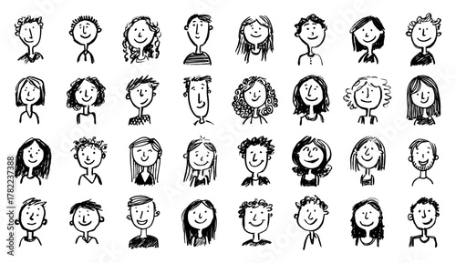 Avatar doodle set. Avatars drawing sketch, face childish funny hand-drawn linear minimalist person vector illustration